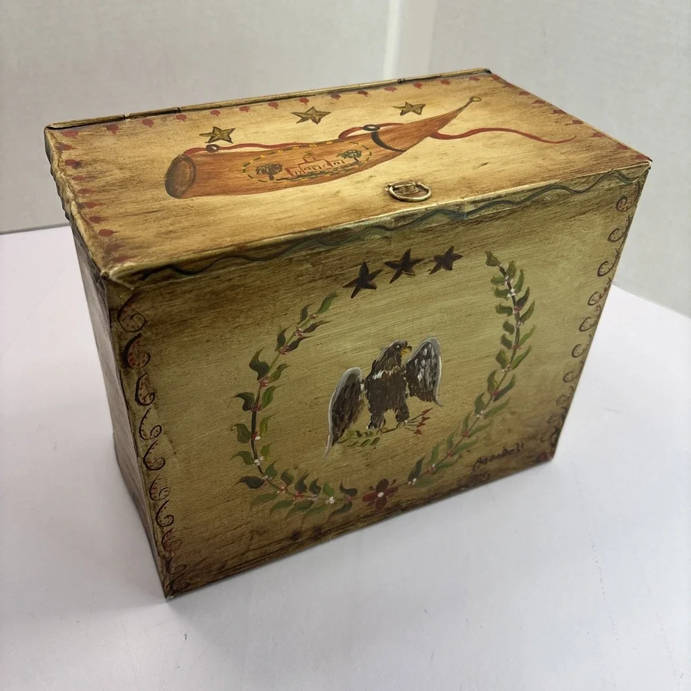 Vtg American Painted Tin‎ Toleware Hinged Box American Eagle Folk 7.25